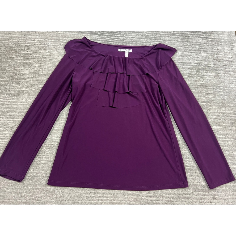 Claudia Richard Blouse Womens Medium Purple Ruffle Neck Long Sleeve Solid Knit